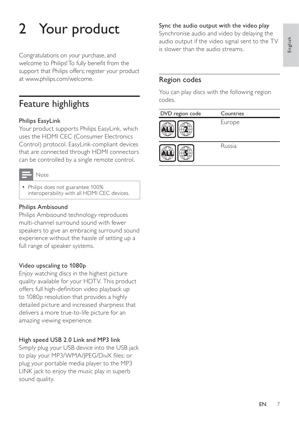 2 your product, Feature highlights | Philips SoundBar HTS6120 User Manual | Page 7 / 48