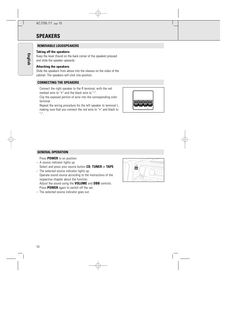 Speakers, English | Philips AZ 2770 User Manual | Page 10 / 48