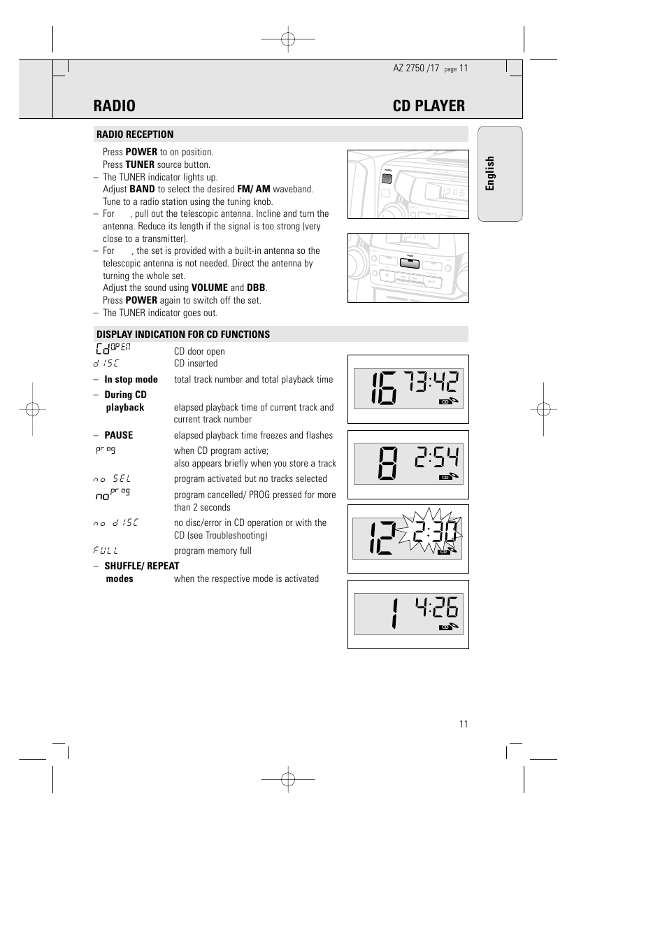 Radio cd player, English | Philips AZ 2770 User Manual | Page 11 / 48