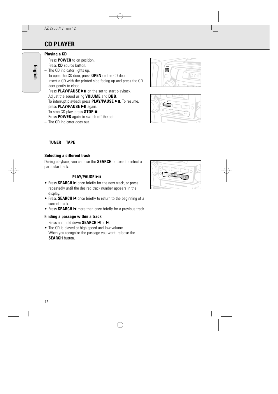 Cd player, English | Philips AZ 2770 User Manual | Page 12 / 48