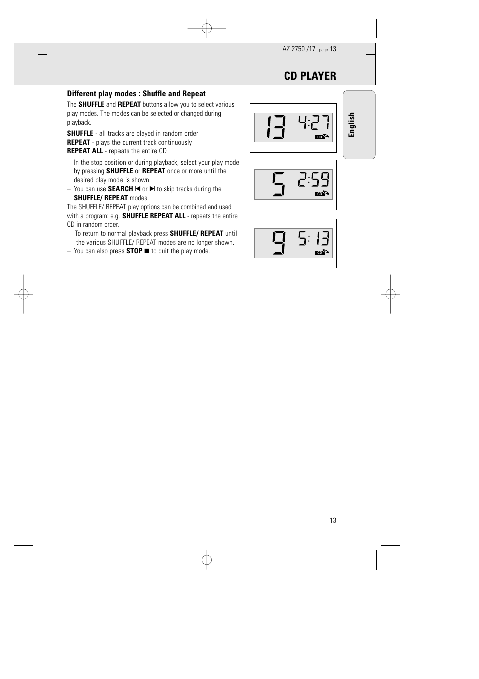 Cd player, English, Different play modes : shuffle and repeat | Philips AZ 2770 User Manual | Page 13 / 48