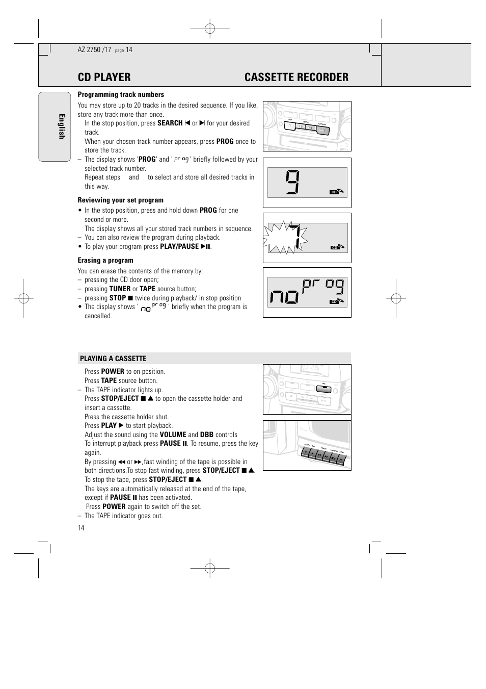 Cd player cassette recorder, English | Philips AZ 2770 User Manual | Page 14 / 48