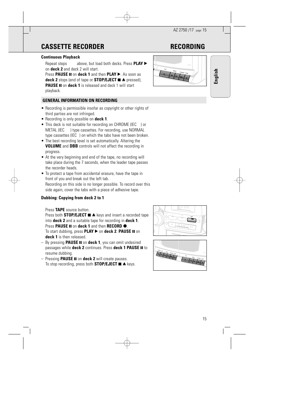 Cassette recorder recording, English | Philips AZ 2770 User Manual | Page 15 / 48