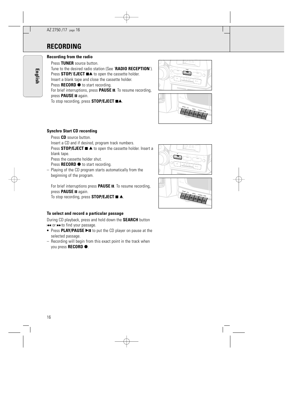 Recording, English | Philips AZ 2770 User Manual | Page 16 / 48