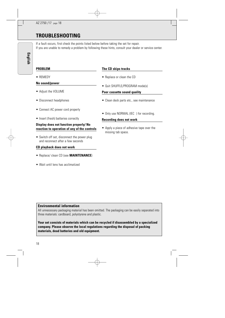 Troubleshooting, Warning | Philips AZ 2770 User Manual | Page 18 / 48