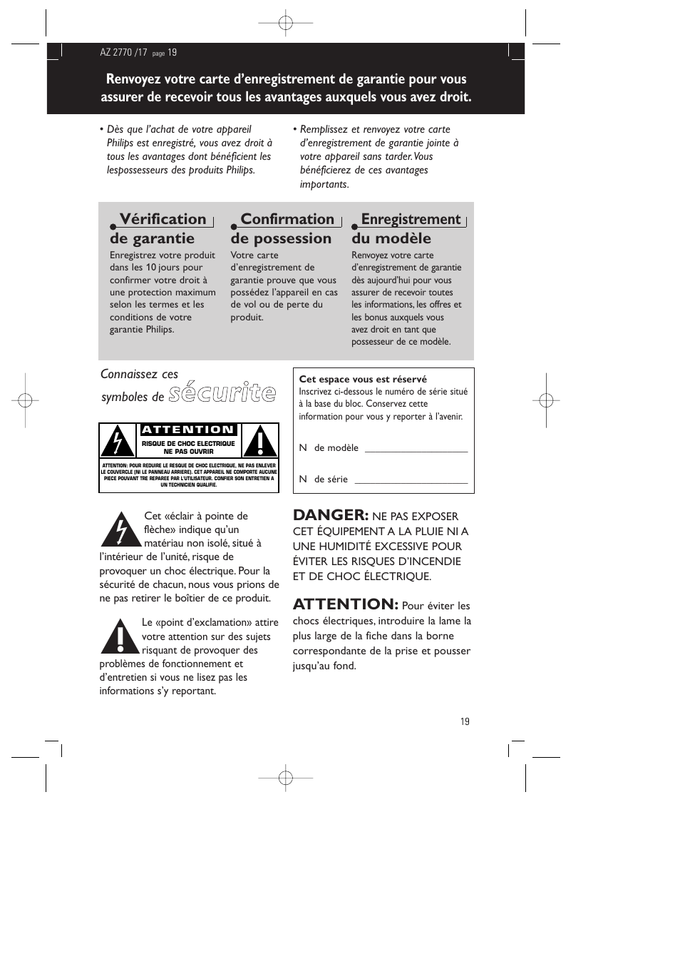 Sécurite, Vérification de garantie, Confirmation de possession | Enregistrement du modèle, Danger, Attention | Philips AZ 2770 User Manual | Page 19 / 48