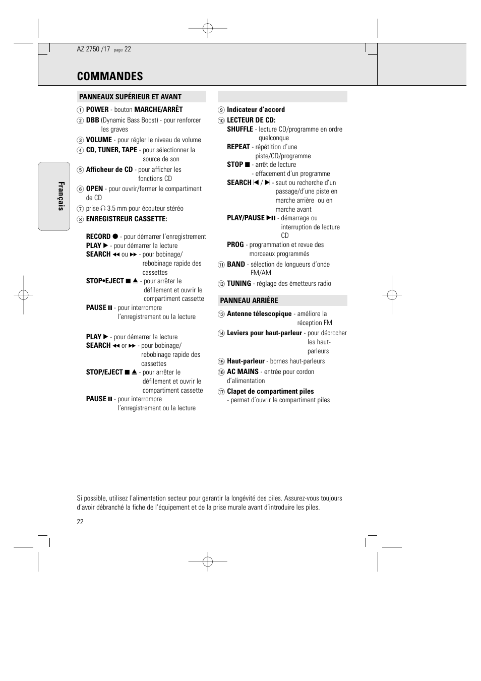 Commandes | Philips AZ 2770 User Manual | Page 22 / 48