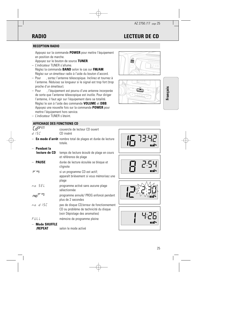 Radio lecteur de cd, Fran ç ais | Philips AZ 2770 User Manual | Page 25 / 48