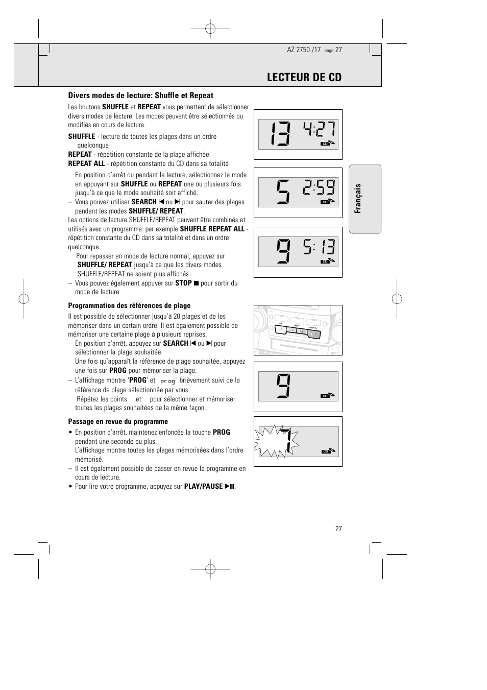 Lecteur de cd, Divers modes de lecture: shuffle et repeat, Fran ç ais | Philips AZ 2770 User Manual | Page 27 / 48