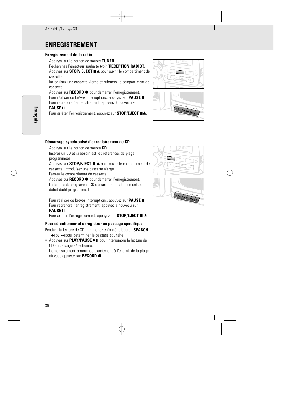 Enregistrement, Fran ç ais | Philips AZ 2770 User Manual | Page 30 / 48