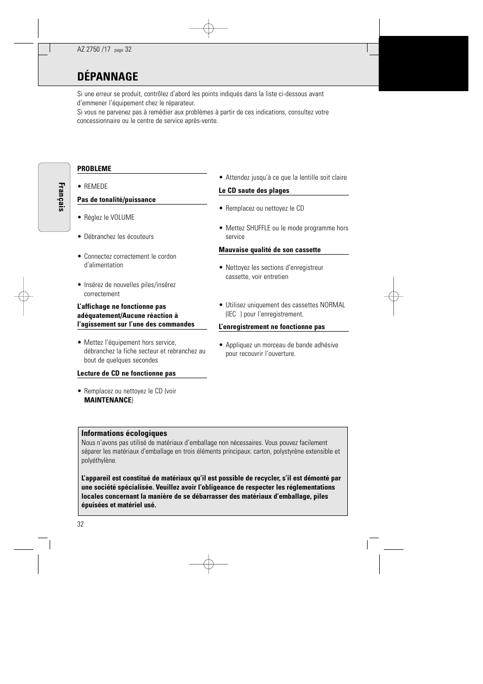 Dépannage, Attention | Philips AZ 2770 User Manual | Page 32 / 48