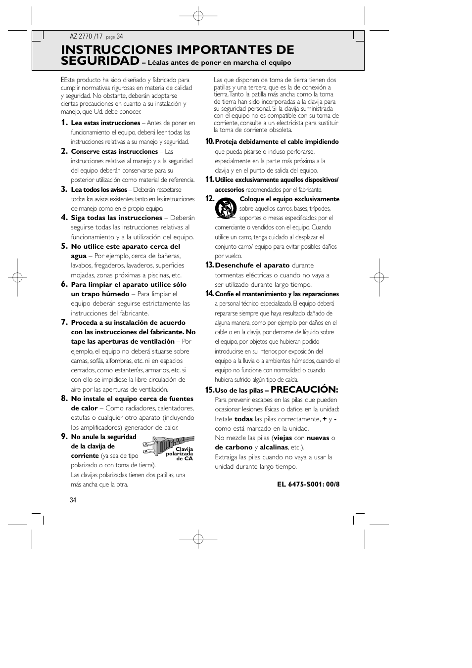 Instrucciones importantes de seguridad, Precaución | Philips AZ 2770 User Manual | Page 34 / 48