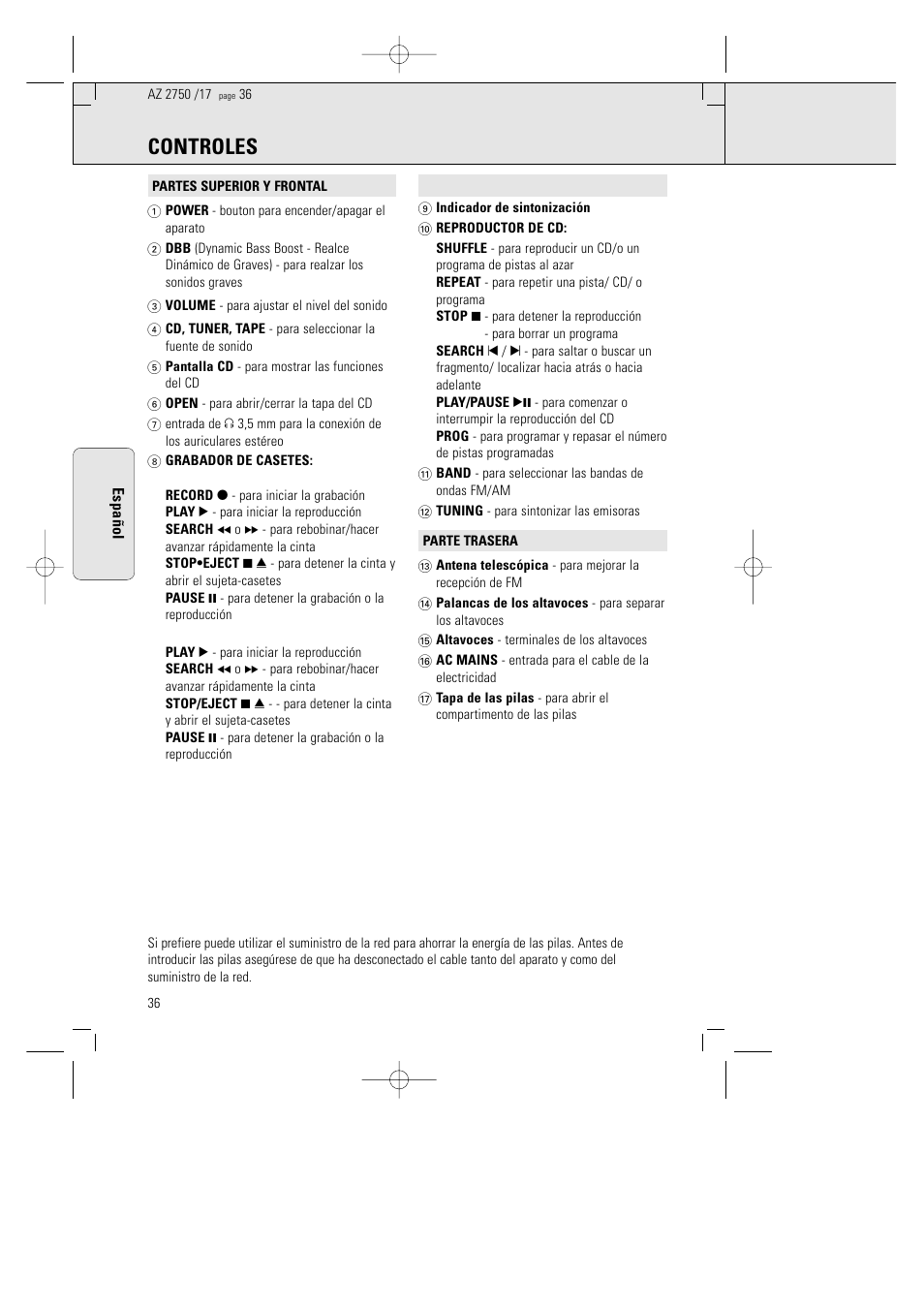 Controles | Philips AZ 2770 User Manual | Page 36 / 48