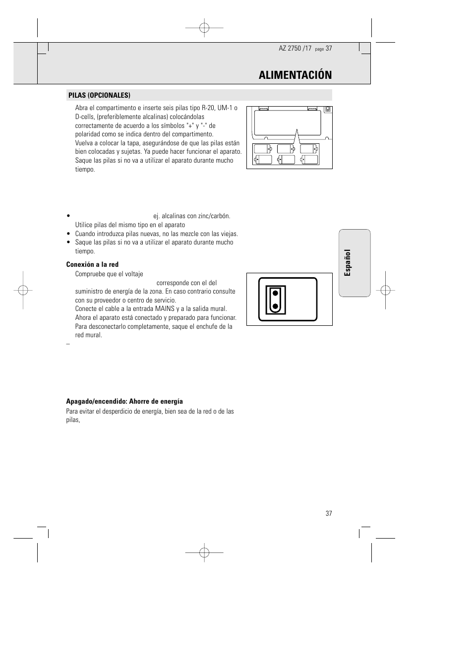 Alimentación | Philips AZ 2770 User Manual | Page 37 / 48