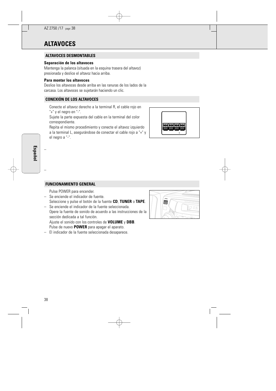 Altavoces, Espa ñ ol | Philips AZ 2770 User Manual | Page 38 / 48