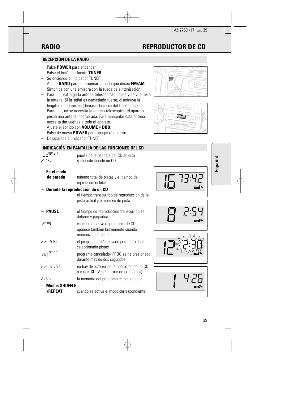 Radio reproductor de cd, Espa ñ ol | Philips AZ 2770 User Manual | Page 39 / 48