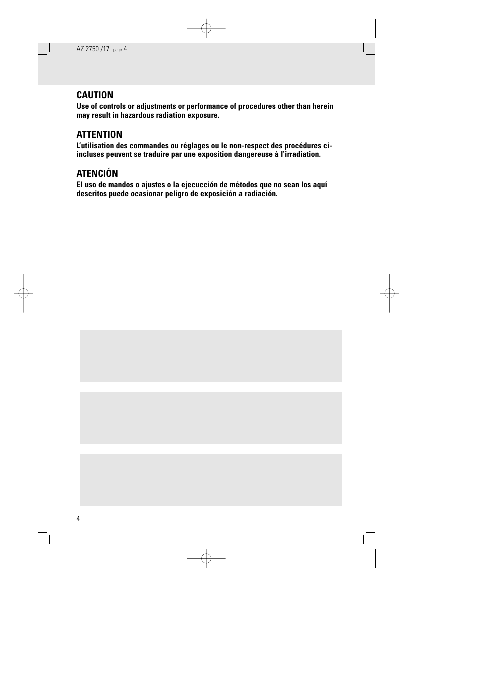 Caution, Attention, Atención | Philips AZ 2770 User Manual | Page 4 / 48