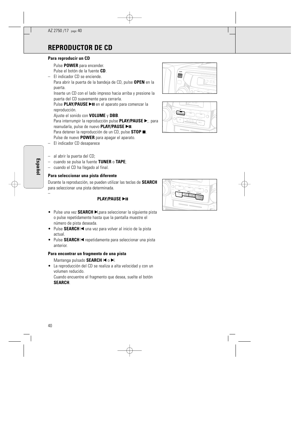 Reproductor de cd, Espa ñ ol | Philips AZ 2770 User Manual | Page 40 / 48