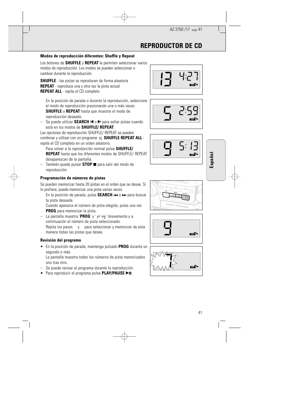 Reproductor de cd, Espa ñ ol | Philips AZ 2770 User Manual | Page 41 / 48