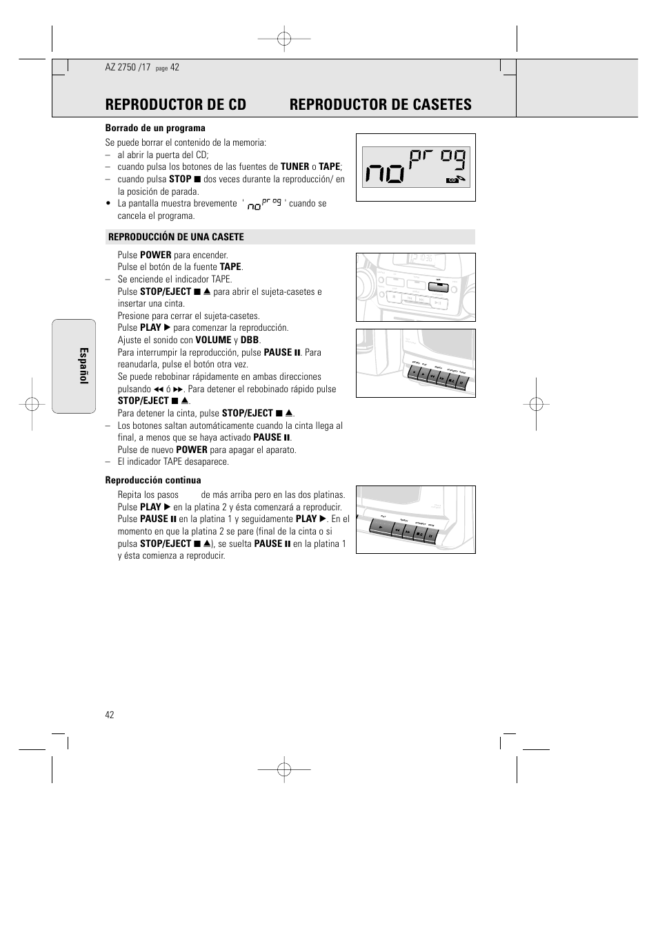 Reproductor de cd reproductor de casetes, Espa ñ ol | Philips AZ 2770 User Manual | Page 42 / 48