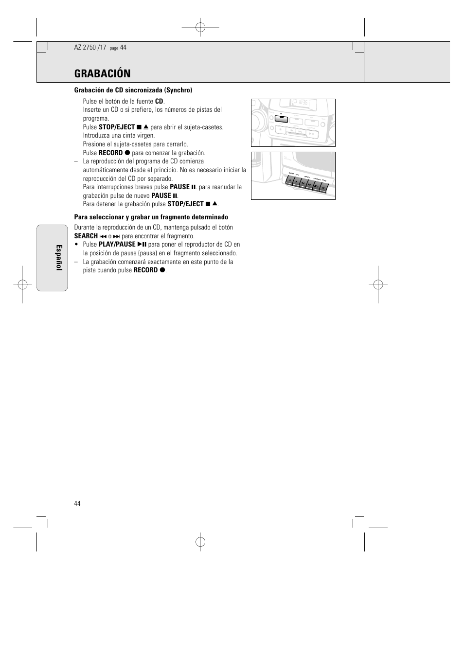 Grabación, Espa ñ ol | Philips AZ 2770 User Manual | Page 44 / 48