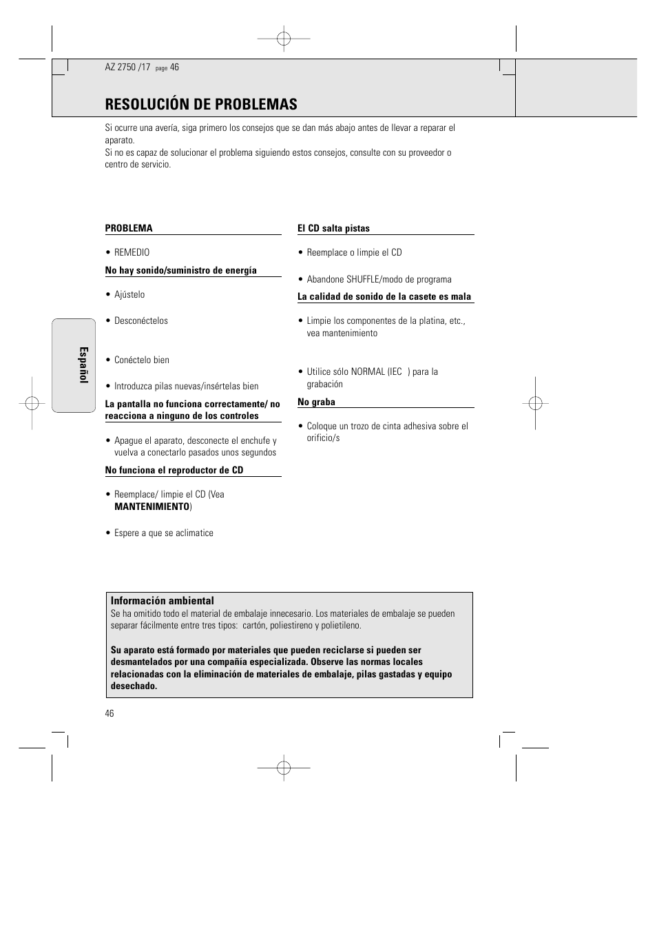 Resolución de problemas, Advertencia | Philips AZ 2770 User Manual | Page 46 / 48