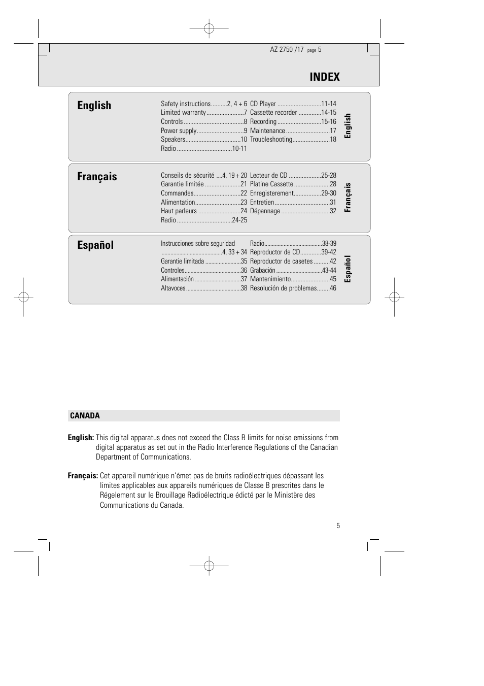 Index, English, Español | Français | Philips AZ 2770 User Manual | Page 5 / 48