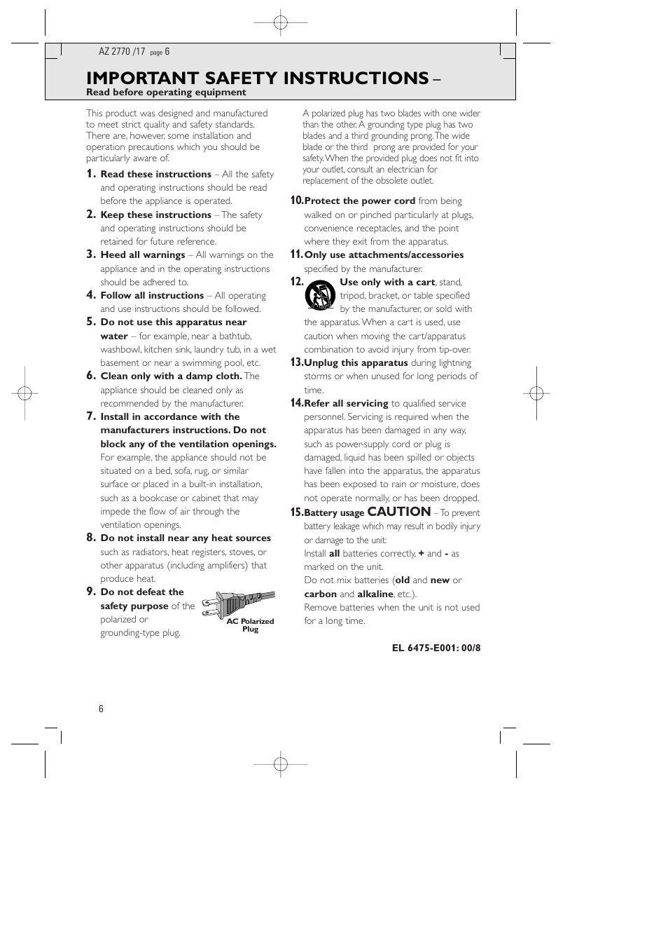 Important safety instructions, Caution | Philips AZ 2770 User Manual | Page 6 / 48