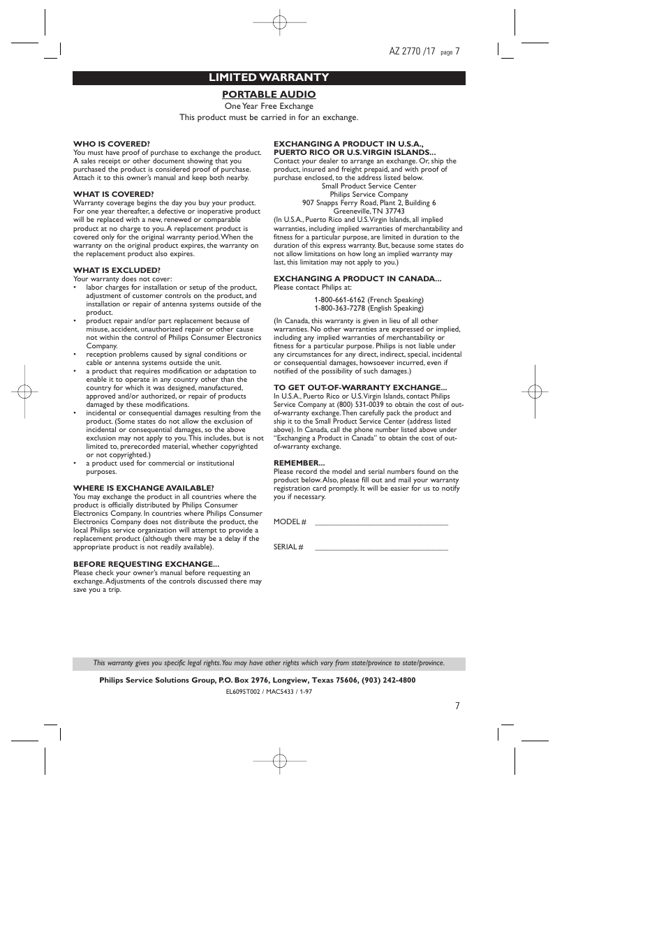 Limited warranty | Philips AZ 2770 User Manual | Page 7 / 48