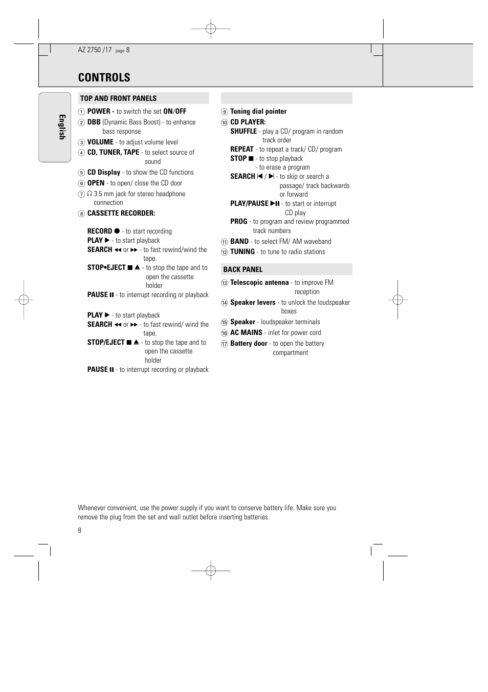 Controls | Philips AZ 2770 User Manual | Page 8 / 48