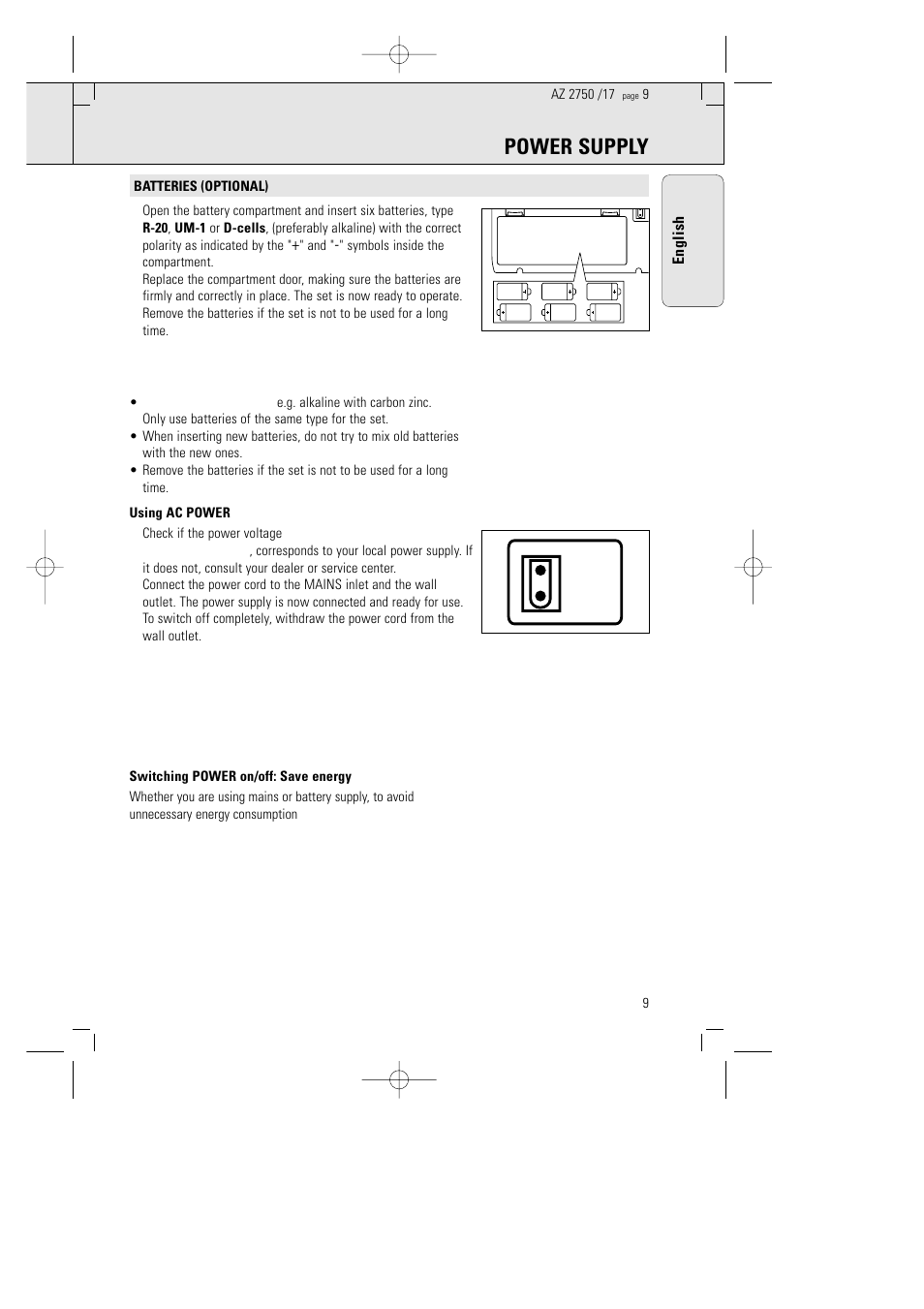 Power supply | Philips AZ 2770 User Manual | Page 9 / 48