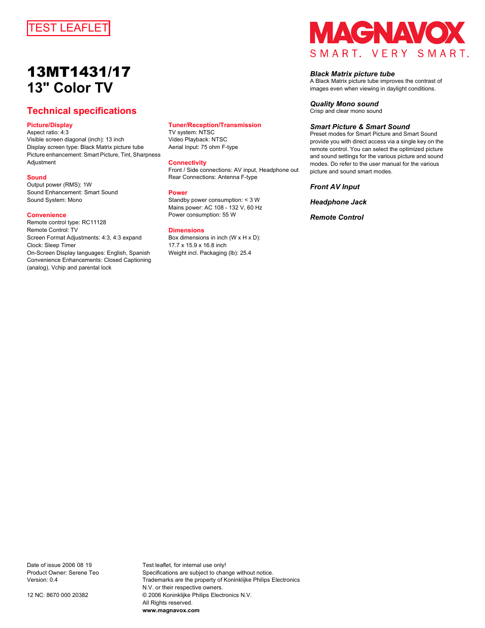 Test leaflet, Technical specifications | Philips 13" Color TV 13MT1431 User Manual | Page 2 / 2