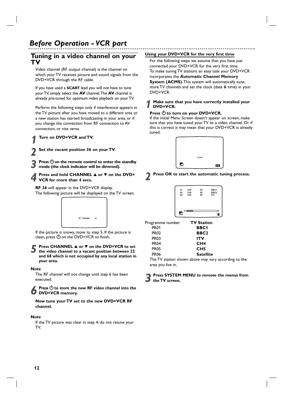 Before operation - vcr part, Tuning in a video channel on your tv | Philips 3834RV0048A User Manual | Page 12 / 38