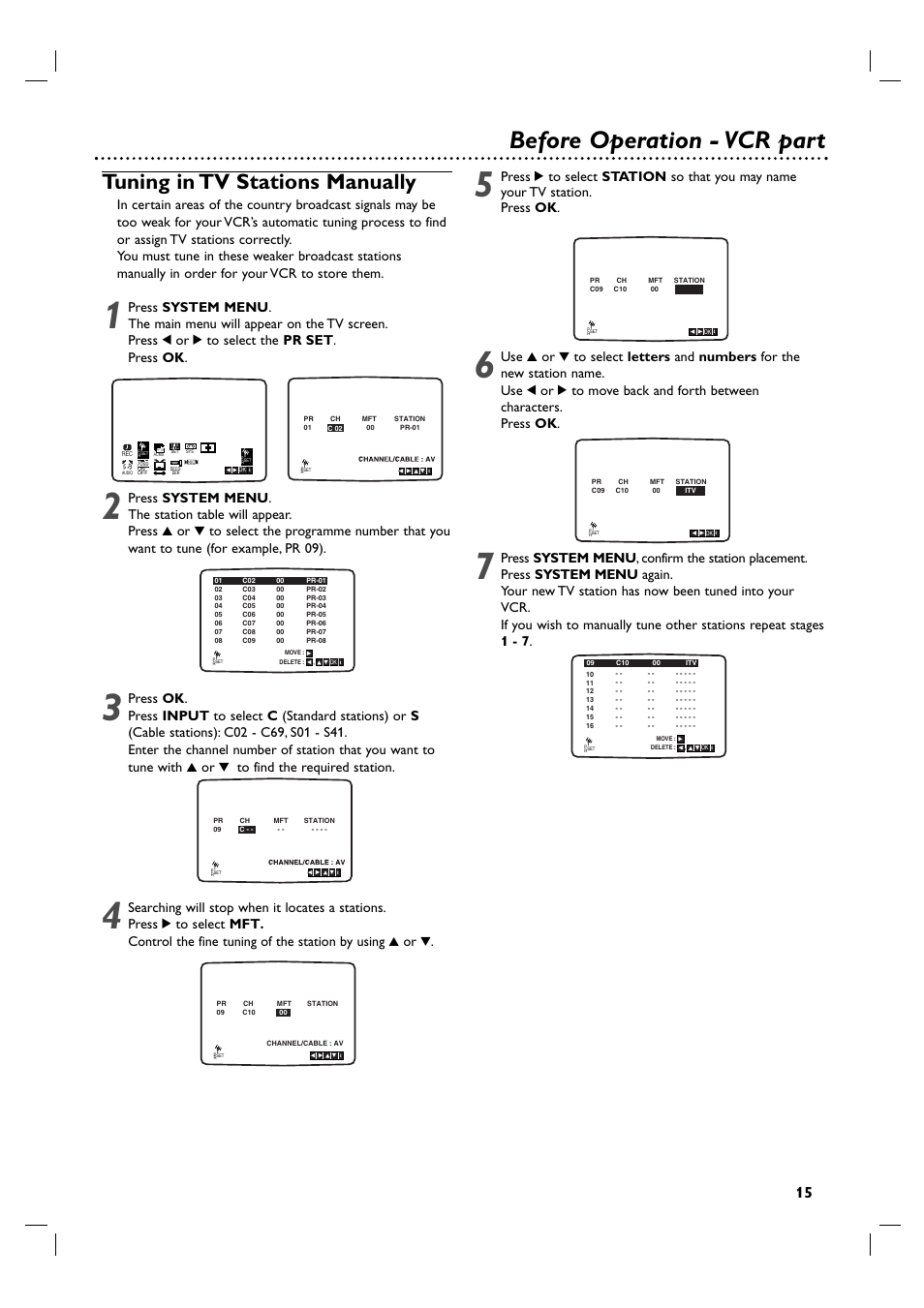 Before operation - vcr part, Tuning in tv stations manually | Philips 3834RV0048A User Manual | Page 15 / 38