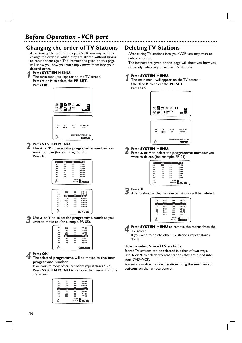 Before operation - vcr part, Changing the order of tv stations, Deleting tv stations | Philips 3834RV0048A User Manual | Page 16 / 38