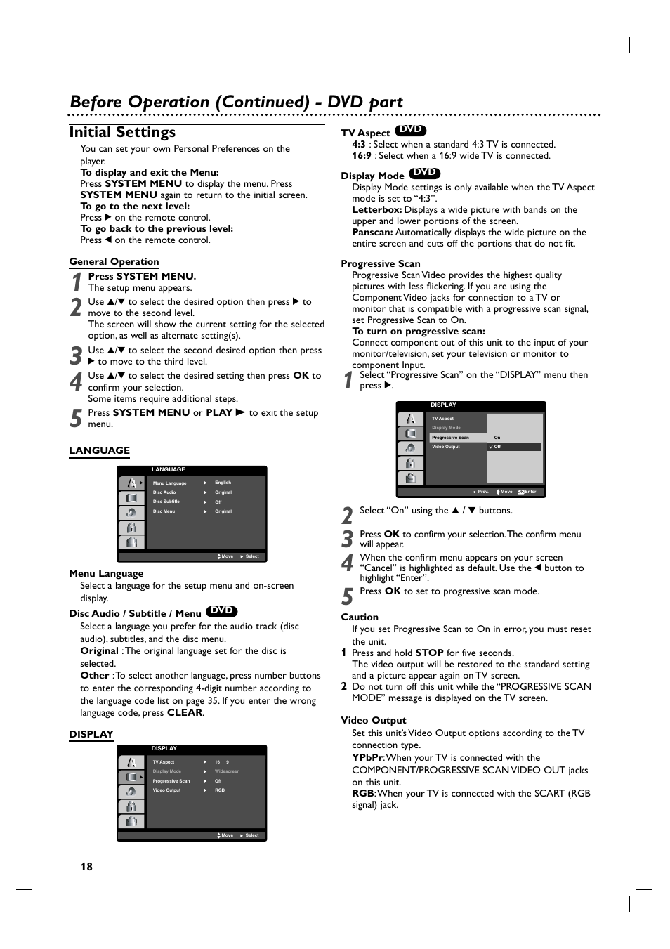 Before operation (continued) - dvd part, Initial settings | Philips 3834RV0048A User Manual | Page 18 / 38