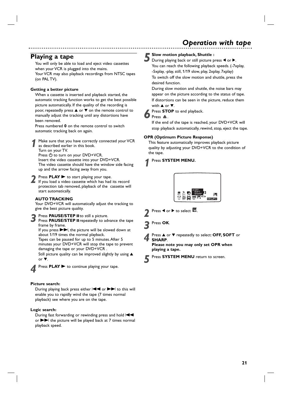 Operation with tape, Playing a tape | Philips 3834RV0048A User Manual | Page 21 / 38
