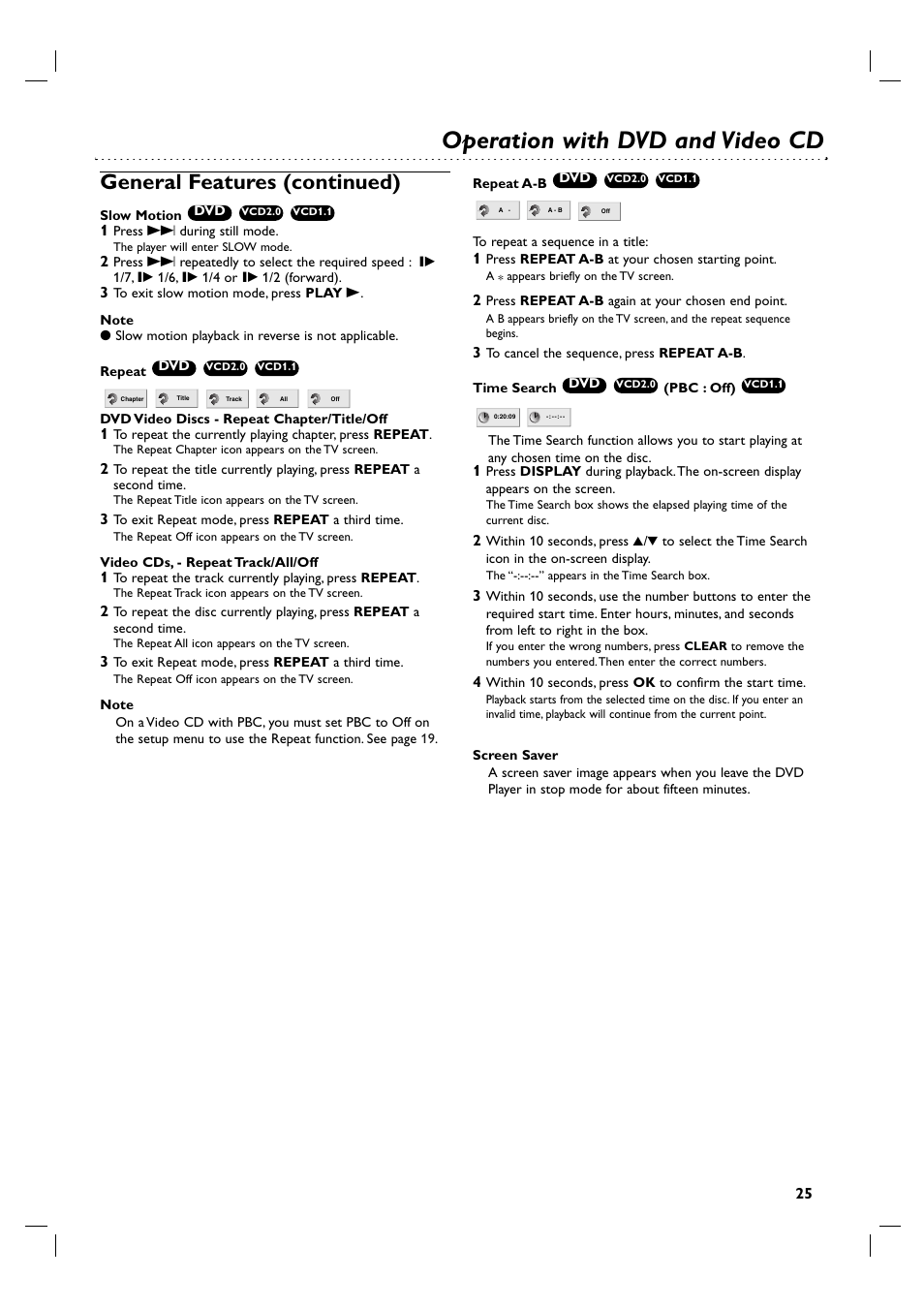 Operation with dvd and video cd, General features (continued) | Philips 3834RV0048A User Manual | Page 25 / 38