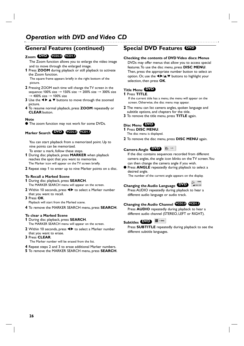 Operation with dvd and video cd, General features (continued), Special dvd features | Philips 3834RV0048A User Manual | Page 26 / 38