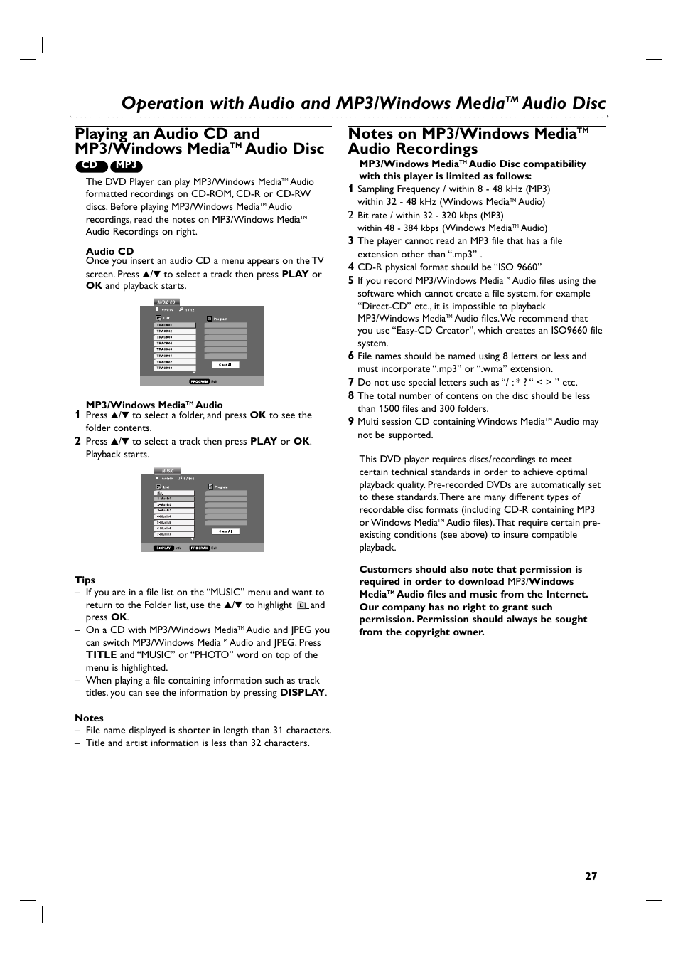 Operation with audio and mp3/windows media, Audio disc, Playing an audio cd and mp3/windows media | Audio recordings | Philips 3834RV0048A User Manual | Page 27 / 38