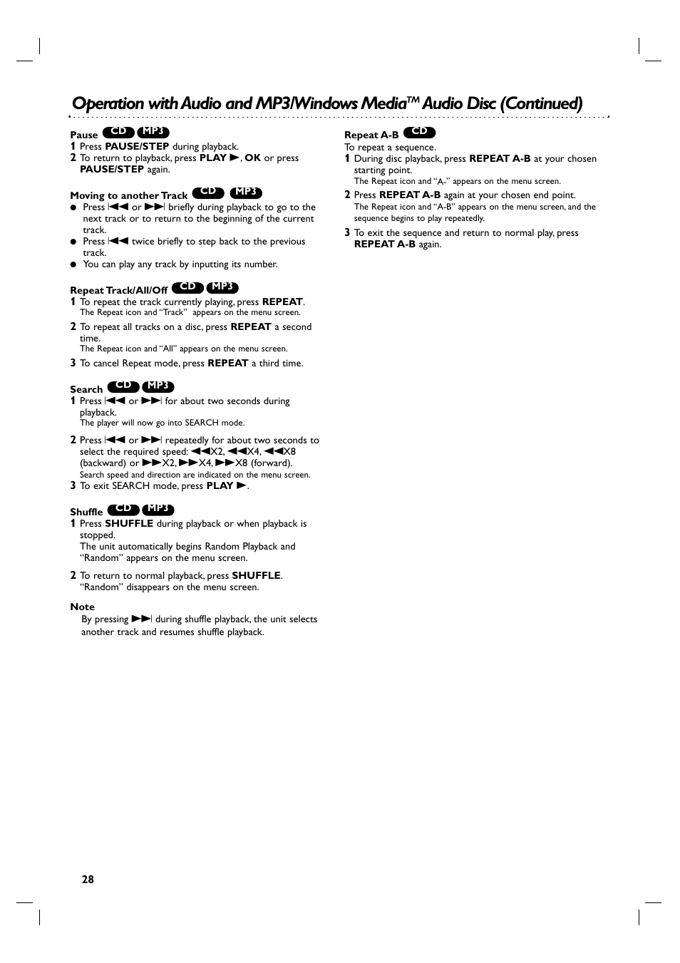 Operation with audio and mp3/windows media, Audio disc (continued) | Philips 3834RV0048A User Manual | Page 28 / 38