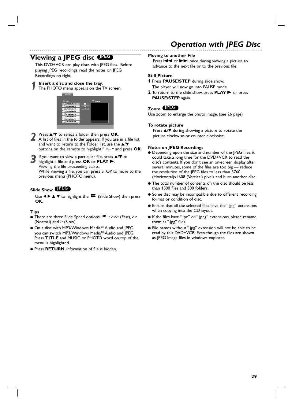 Operation with jpeg disc, Viewing a jpeg disc | Philips 3834RV0048A User Manual | Page 29 / 38