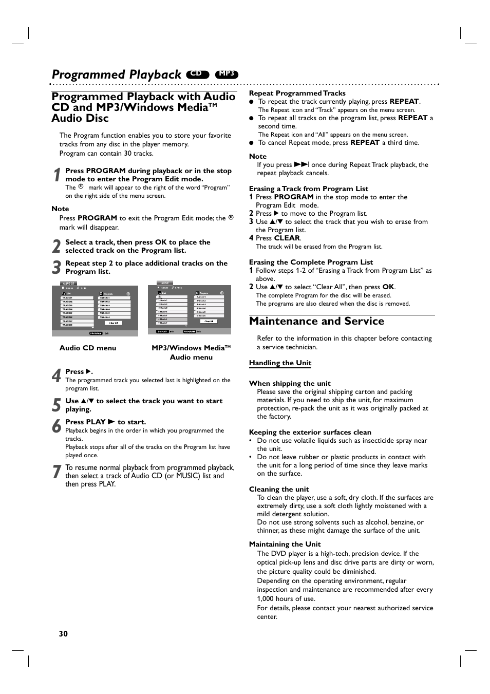 Programmed playback, Audio disc, Maintenance and service | Philips 3834RV0048A User Manual | Page 30 / 38