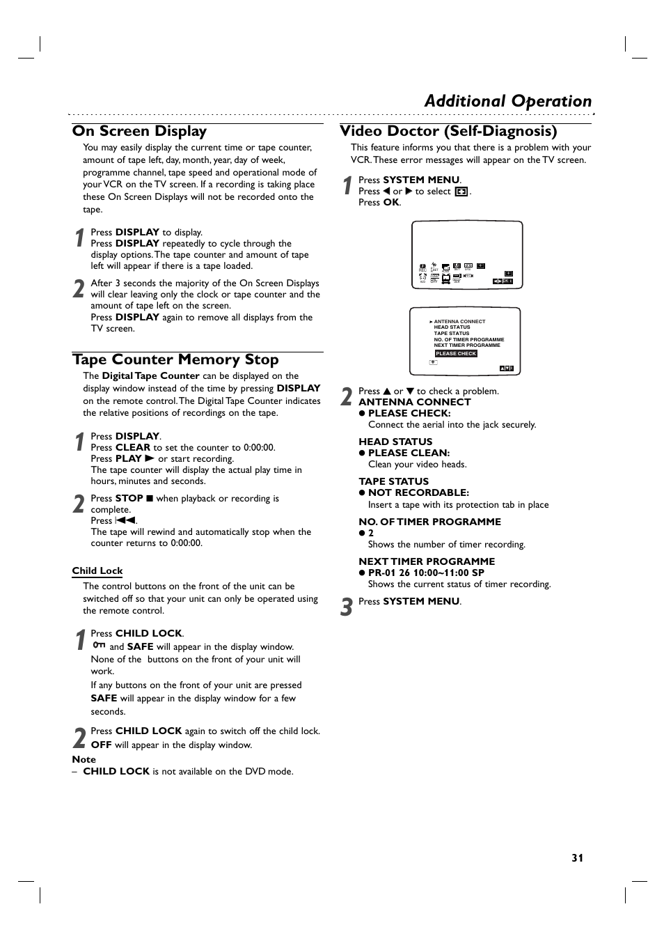Additional operation, On screen display, Video doctor (self-diagnosis) | Philips 3834RV0048A User Manual | Page 31 / 38