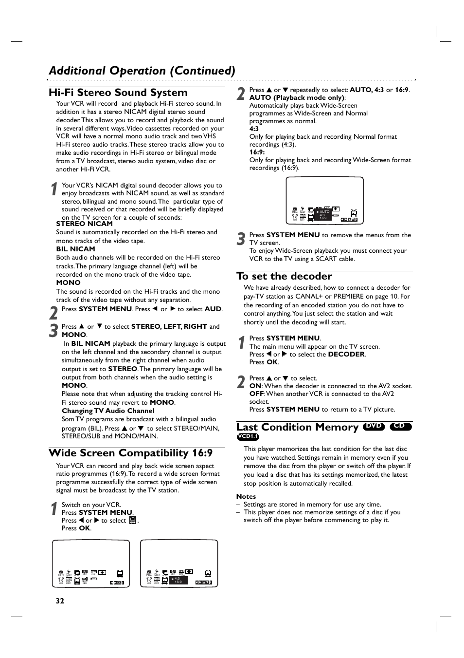 Additional operation (continued), Hi-fi stereo sound system, Wide screen compatibility 16:9 | Philips 3834RV0048A User Manual | Page 32 / 38