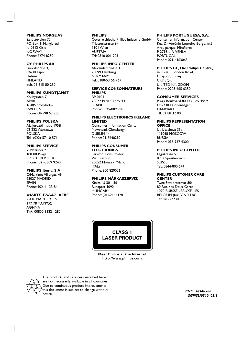 Class 1 laser product | Philips 3834RV0048A User Manual | Page 38 / 38