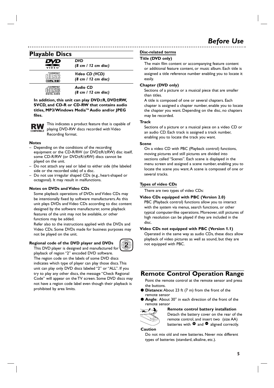Before use, Playable discs, Remote control operation range | Philips 3834RV0048A User Manual | Page 5 / 38