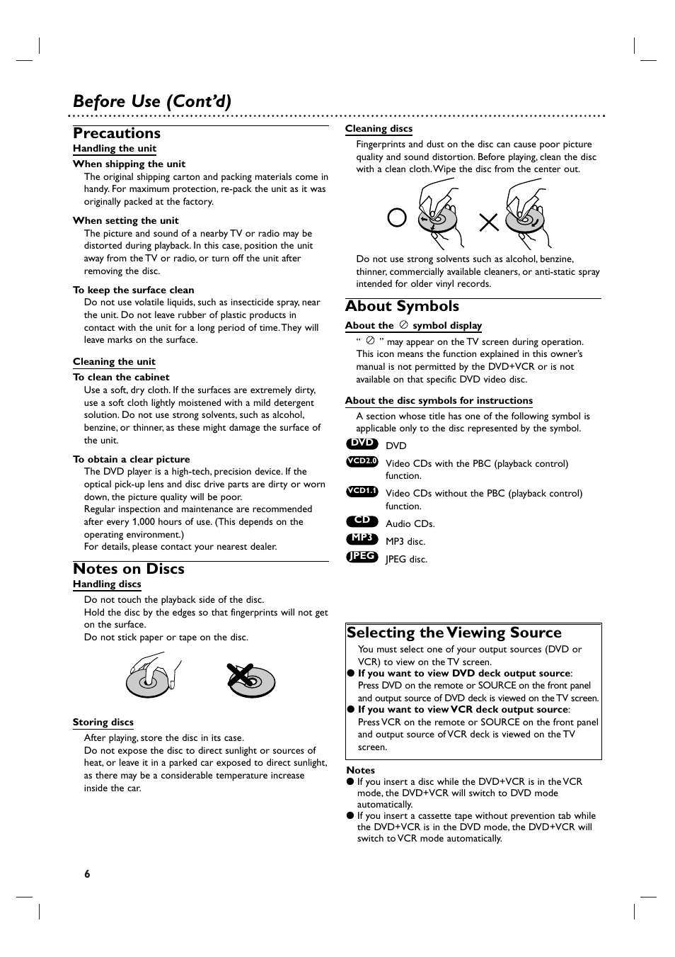 Before use (cont’d), Precautions, About symbols | Selecting the viewing source | Philips 3834RV0048A User Manual | Page 6 / 38