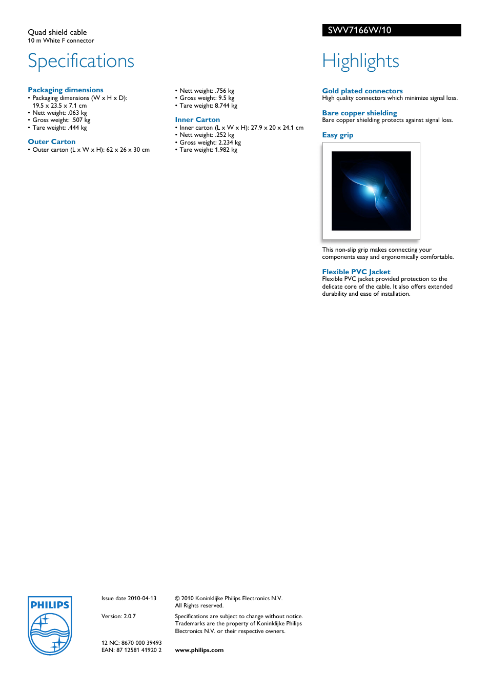 Specifications, Highlights | Philips SWV7166W User Manual | Page 2 / 2