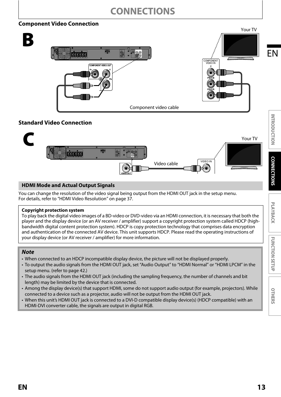 Hdmi mode and actual output signals, Connections en, 13 en | Philips Magnavox MRD410B/F7 User Manual | Page 13 / 52